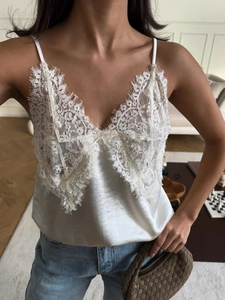 Débardeur Cami À Col En V En Dentelle Pour Femmes Satin Aspect Satin Sans Manches Coupe Ajustée Sexy Streetwear Chemisier Été