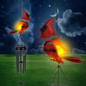 Solar powered red cardinal wind chime with glowing globe and hollow iron bells for garden