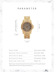 Technical specifications and size guide for the gold crystal-embellished M1082 quartz watch