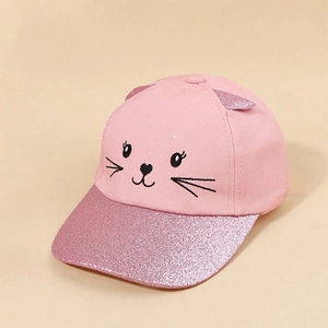 Pink kids baseball cap with cute cat ears and glittery brim in a casual style