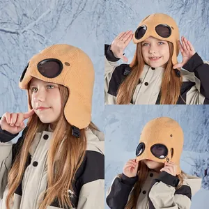 Ginger yellow knitted kids aviator hat with goggles and fleece lining for winter warmth