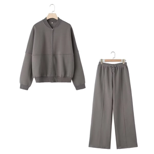 Dark grey women's zip-up bomber jacket and high-waist wide-leg pants sweat suit set