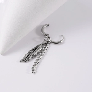 Stainless steel feather earrings with chain drop in a punk minimalist style design