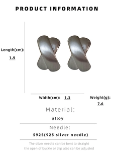 Technical drawing showing dimensions and materials of X-shaped silver stud earrings