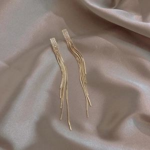 Elegant gold-plated tassel earrings with rectangular rhinestones and long snake chains