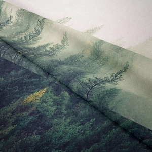 Vista dettagliata del tessuto dell'arazzo forestale con trama ad alta densità