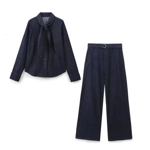 Chemise En Jean Pour Femmes Et Pantalon Large Bleu Foncé Manches Longues Nœud Papillon Avec Ceinture Streetwear
