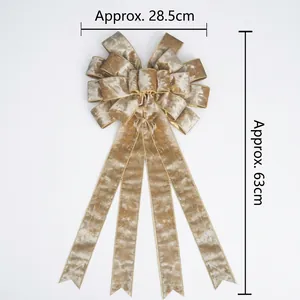 Large velvet Christmas bow in gold champagne finish, decorative holiday ornament 28.5x63cm