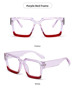 Detailed views of purple and red square frame glasses from front and side angles