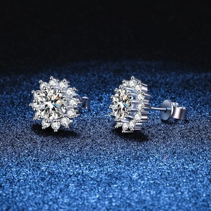 S925 sterling silver sunflower stud earrings with round moissanite center stone