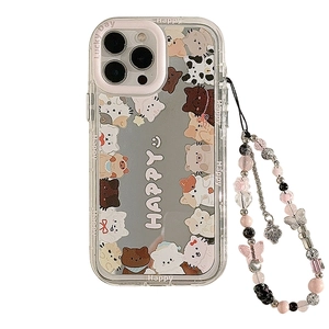 Clear iPhone case with cute bear pattern, happy text and colorful beaded lanyard