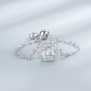 Silver adjustable chain ring with square clear zircon pendant and micro-pave setting