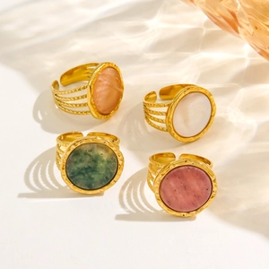 French Retro Natural Stone Inlaid Open Ring Stainless Steel Gold Plated Vacuum Plating Adjustable Round Stone Ring For Women