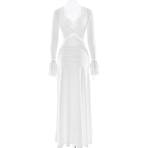 Detail of V-neck lace patchwork on white long sleeve dress with ruffle cuff details