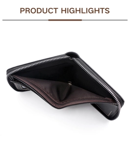 Detail view of black pebble leather wallet with multiple card slots and zipper pocket