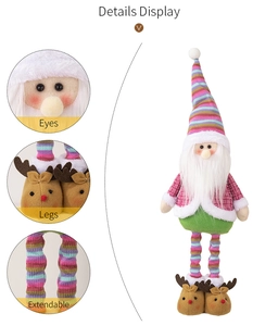 Detail display of extendable Christmas gnome with rainbow hat and telescopic legs