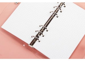Detail of pink transparent A6 binder notebook with 6-ring silver metal binder and grid paper