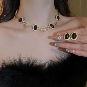 Vintage Necklace And Earrings Oval Black Acrylic 925 Sterling Silver Earring Post French Retro Gold Plated For Women