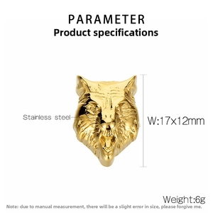 Detailed view of a golden wolf head bead for DIY bracelets in polished stainless steel