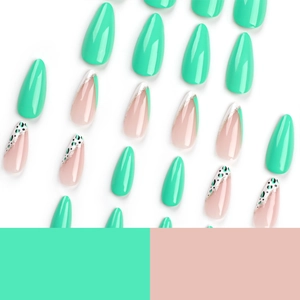 Almond shaped press-on nails with mint green, gold glitter French tips and leopard patterns