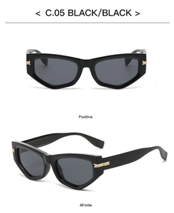 Detail view of black cat-eye sunglasses with golden metal hinges from multiple angles