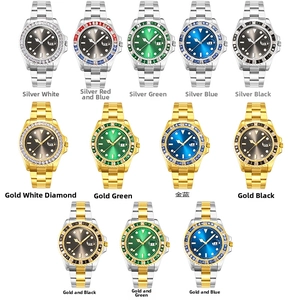 Detailed display of mens waterproof watches with colorful gemstone bezels and steel bands