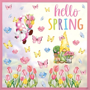 Autocollants de Fenêtre Hello Spring Gnomes Papillons Tulipes Stickers Muraux PVC Imperméable Décalcomanies Décoratives pour Verre Maison