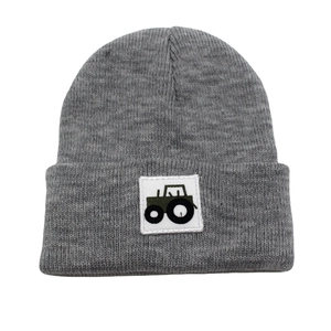 Grey knit kids beanie with tractor patch, warm winter hat for boys and girls