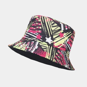 Detail of vibrant 3D graffiti print bucket hat with neon stars and artistic patterns