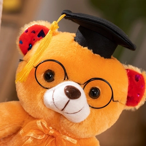 Close-up of cute graduation teddy bear with glasses and a black doctoral cap with tassel