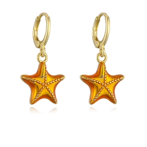 Chic 18K gold plated starfish drop earrings with orange enamel details on white background
