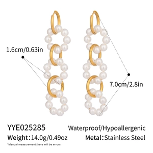 Detailed view of layered stainless steel drop earrings with pearls and dimensions