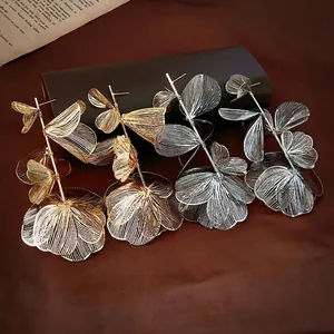 Hollow Flower Tassel Earrings With 925 Sterling Silver Earring Post Copper Mesh Exaggerated Design Fashion Style