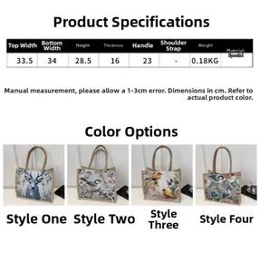 Detailed size chart and pattern options for linen tote bags with bird and deer motifs