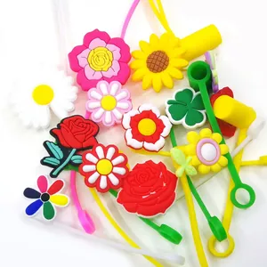 Colorful silicone flower straw topper set with rose and daisy charms for dust protection