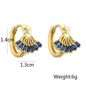 Detail of gold fan-shaped hoop earrings with blue trapezoid stones and 1.4cm size specs