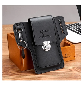 Detail of black pebbled leather phone holster with silver metal buckle and key ring