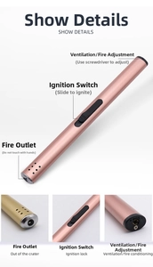 Detail view of rose gold long gas lighter with ignition switch and refillable valve