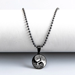 Stainless steel Tai Chi Tree of Life pendant necklace with black beaded chain