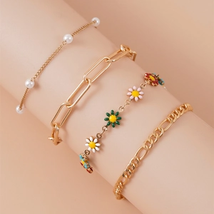 Enamel Flower Daisy Sunflower Pendant Alloy Metal Faux Artificial Pearl Beaded Bracelet And Anklet Fashion Pastoral Style For Women
