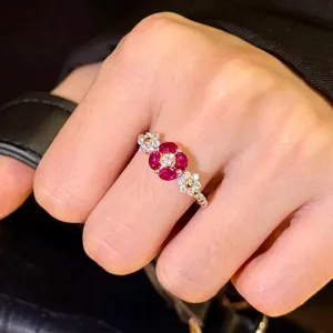 Flower Shape Adjustable Open Ring Copper Inlaid Red White Zircon Geometric Vintage Palace Style Exquisite Jewelry For Women