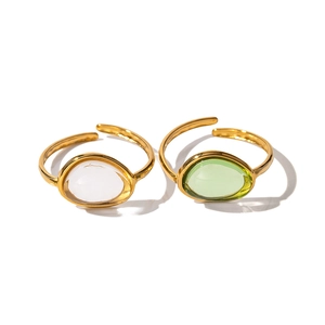 Minimalist adjustable 18k gold plated stainless steel ring with white and green stones