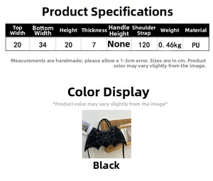 Detailed size chart for black bat-shaped PU leather crossbody bag with measurements