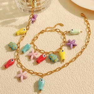Titanium Steel Ocean Theme Jewelry With Colorful Ceramic Fish Starfish Pendant Necklace And Bracelet For Women Fashion