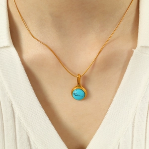 18K gold plated snake chain necklace with round blue turquoise stone pendant