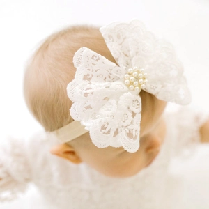 Baby Girls Headband Large Lace Bow With Artificial Pearls Rhinestones Stretchy Elastic Hair Band Infant Princess Hair Accessories
