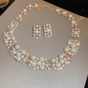 Retro Elegant Rectangular Faux Artificial Pearl And Rhinestone Necklace And Stud Earrings For Women French Style Alloy Jewelry