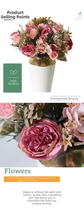 Macro detail of artificial purple ranunculus bouquet with white matte gold-rimmed vase