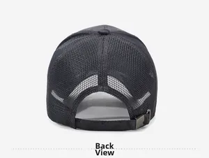 Back view of black mesh baseball cap showing breathable holes and adjustable metal buckle