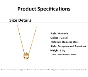 Detailed size parameters of gold stainless steel necklace with round white pearl pendant